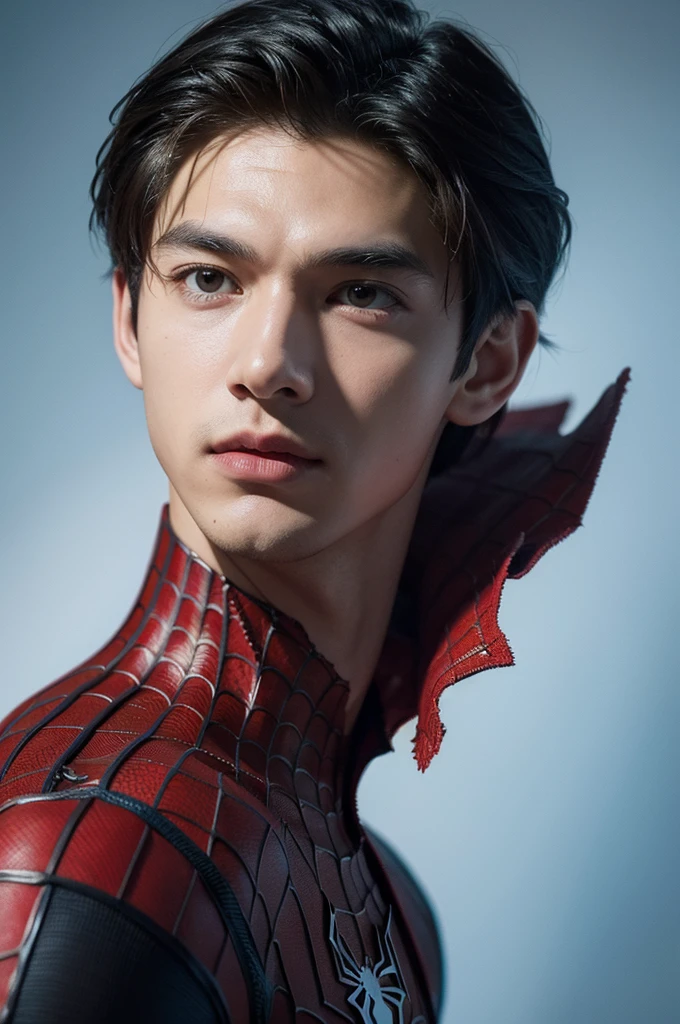 A photograph of spider man, no mask, 20 yo, handsome, detailed face, looking at camera, portrait, 8k uhd, high quality