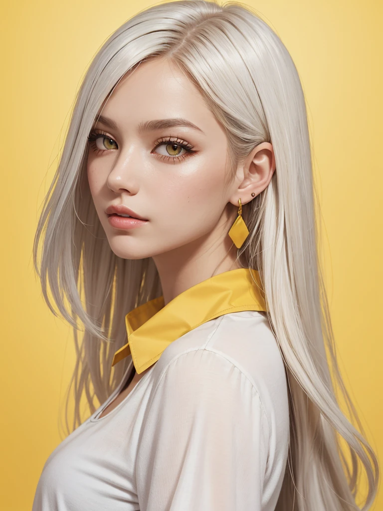 1girl, jewelry, solo, earrings, long_hair, white_hair, yellow_eyes, simple_background, eyelashes, looking_at_viewer, lips, parted_lips, upper_body, white_shirt, shirt, orange_background, glint, from_side, collar, yellow_background