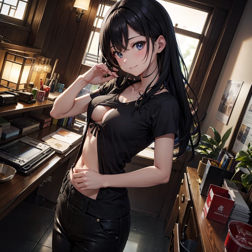 Taunt、********、Porn、Black camisole、black flare pants、Good breast development、Black Hair、smile、evening、super high quality、Highest quality、Masterpiece、Accurately depict the body structure、High angle