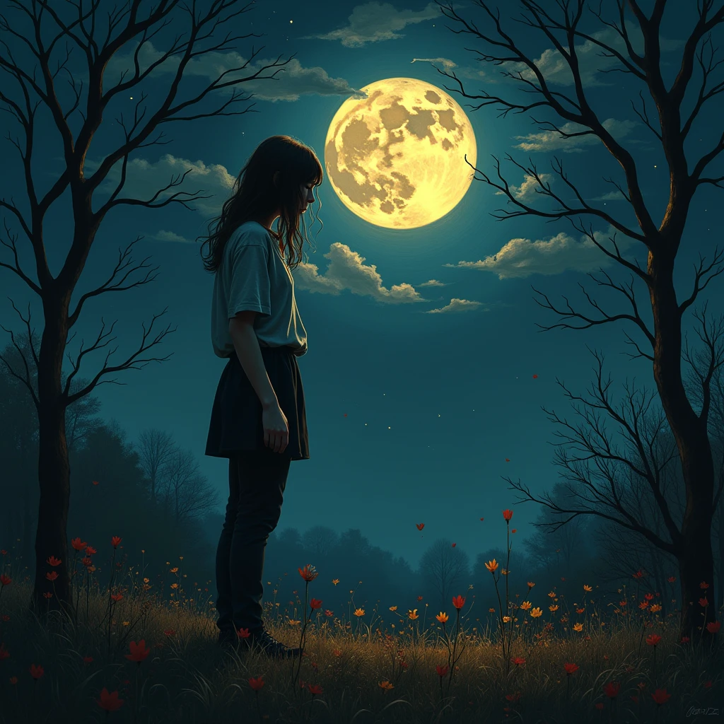 (Moonlit Confession:1.2), in Folk Art style, featuring (dark sky and moonlight) traditional motifs, RAW photo, color graded, captivating chiaroscuro, dynamic movement, full body, (special effects:0.1), award-winning, cinematic still, emotional, dynamic, vivid, (masterpiece, best quality, photorealistic, Professional, perfect composition, very aesthetic, absurdres, ultra-detailed, intricate details:1.3)