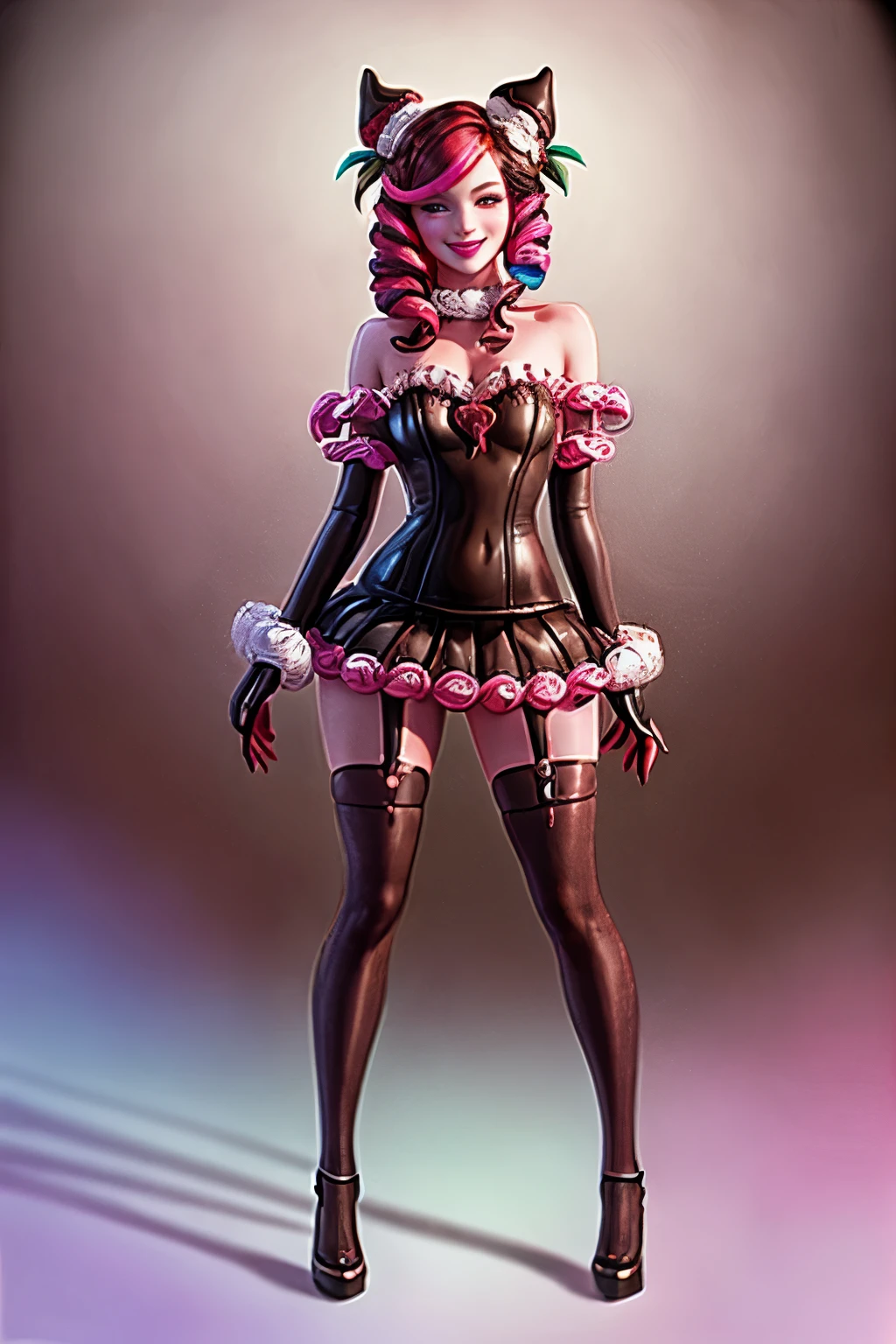 Sugar Rush Evelynn,1 girl, provocative smile, Strapless dress, mitts, chocolate no corpo, chocolate legs high thighs, strawberry hair ornament, multicolored hair, he pink, colored fur, Off The Shoulder, whole body, high resolution, 8k
