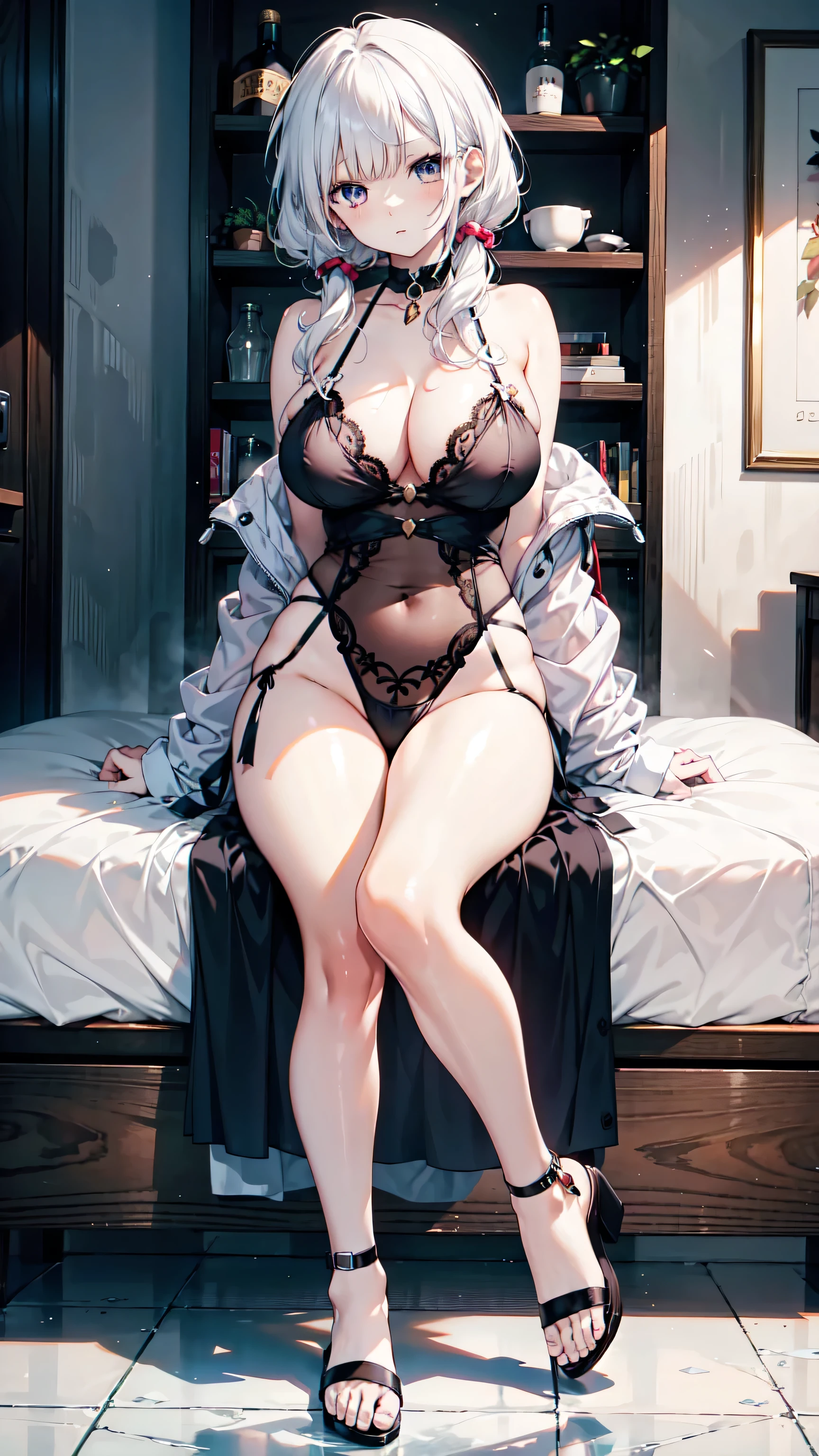 1 female,Attractive anime girl,whole body portrait,whole body,White lingerie,White hair,Various hairstyles,Pale skin、Pale skin、Large breasts,White sandals