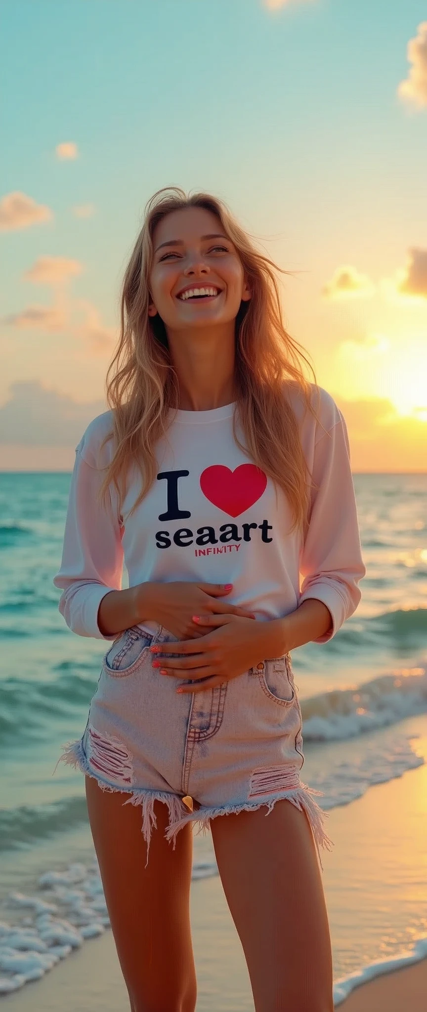 Hyperrealism，A girl holds high"I Love Seaart Infinity"Brand，Standing by the sea，Movie-quality images，Sunlight，Waves，Beach