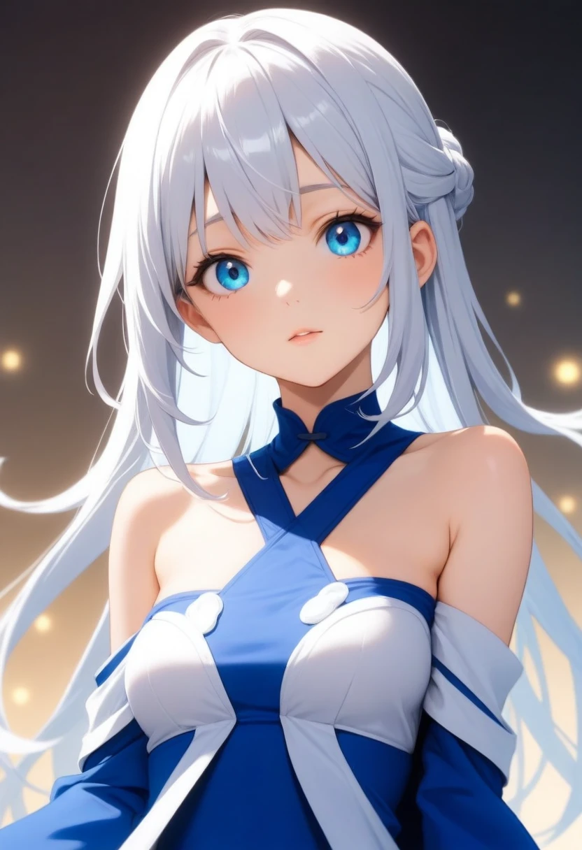 A girl with white hair and blue eyes with an aesthetic built looking at the viewer