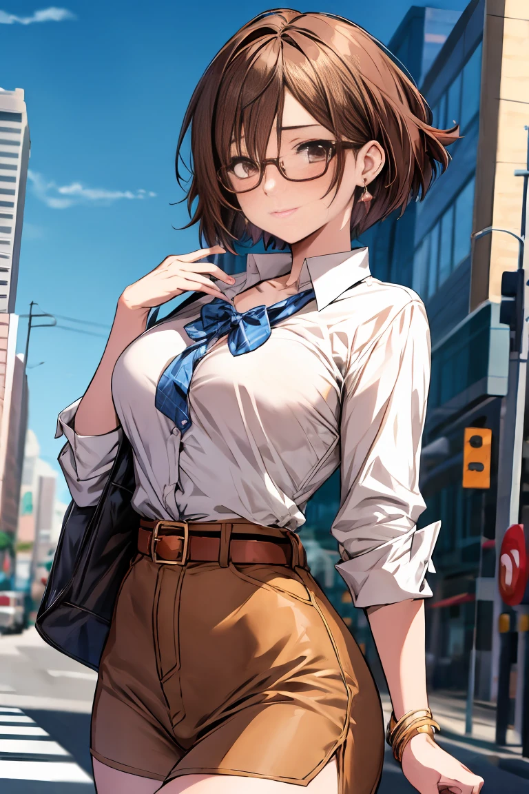Anime Girls, Cowgirl Costume, Medium chest, Brown Hair, Perfect Proportions, ((short hair)), Glasses, city, Earrings