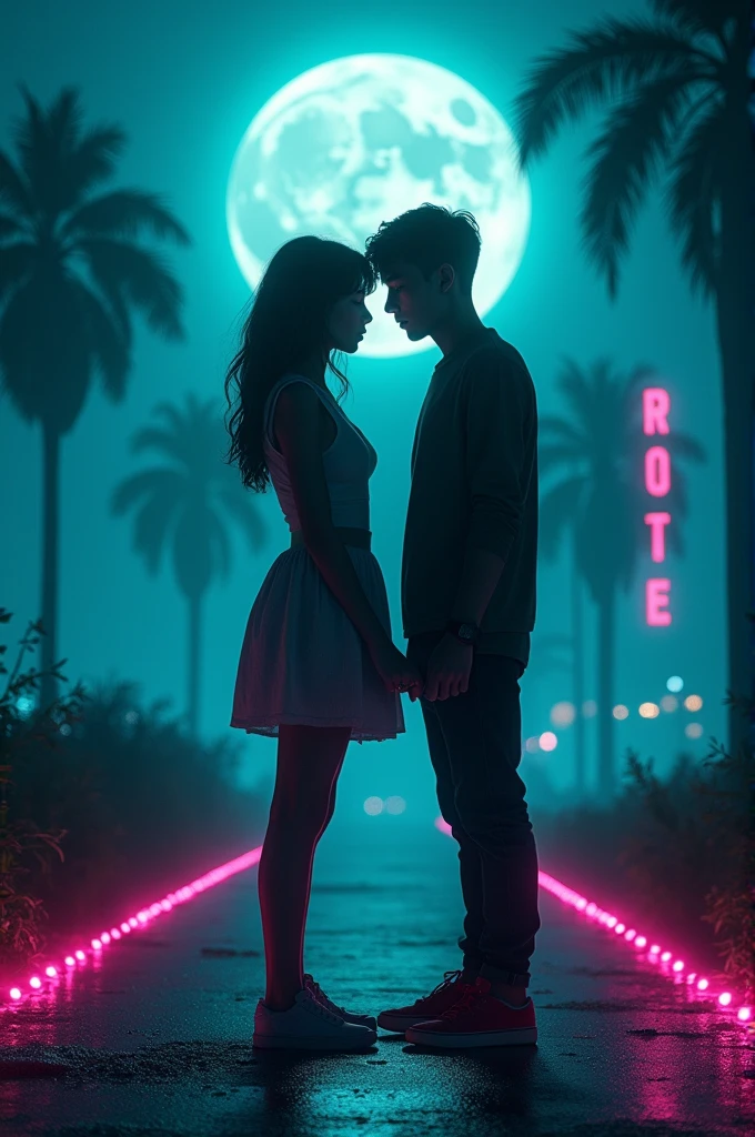 (Moonlit Confession, girl and boy:1.2), in a futuristic setting, illuminated by (teal and fuchsla) neon lights, RAW photo, color graded, captivating chiaroscuro, dynamic movement, full body, (special effects:0.1), award-winning, cinematic still, emotional, dynamic, vivid, (masterpiece, best quality, photorealistic, Professional, perfect composition, very aesthetic, absurdres, ultra-detailed, intricate details:1.3)