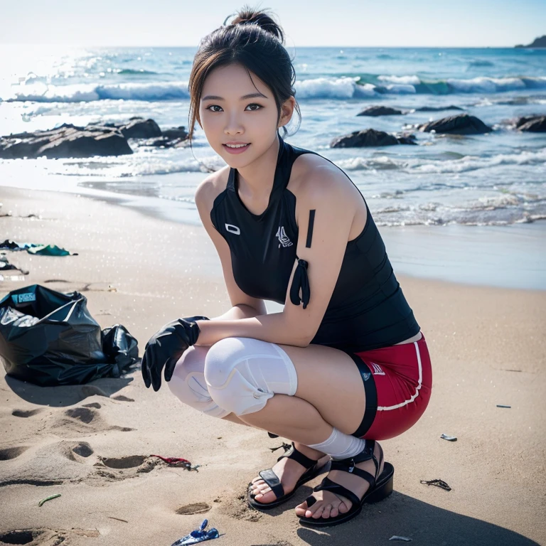 (2 beautiful Korean women volunteers, age 28, (wearing White Tight Lightweight Synthetic Korea Volleyball Jersey, Red Spandex Shorts, Ankle Braces, Knee Pads, white gloves, sandals, barefeet), (Squatting down, Removing Ocean Debris, Plastic bottles, Plastic Bags, Garbage, Dump Pit, Garbage bags), (Beach Clean-up, Ocean Clean-up), Early Dawn On a polluted Beach, Sun-rays, Lens Flare,

Hopeful expressions, kind smile, dimples, cute snaggle-tooth, short hair, bob hair, short ponytail, symmetrical face, detailed facial features, beautiful detailed face, highly detailed face, beautiful detailed eyes, perfect body anatomy, ample bosoms,

photorealistic, hyper-realism, high contrast, ultra HD, realistic skin textures, top image quality, top-quality, super high resolution, fine details, very meticulously, masterpiece, Award-winning, Medium Shot, Cowboy Shot, Full Body Shot, High Angle Shot, bokeh background, SFW, Safe For Work) #WorldOceansDay