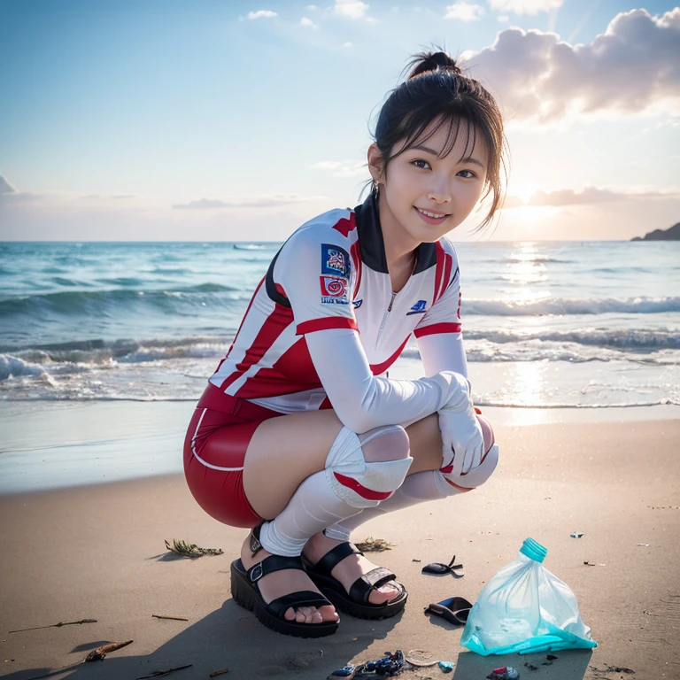 (2 beautiful Korean women volunteers, age 28, (wearing White Tight Lightweight Synthetic Korea Volleyball Jersey, Red Spandex Shorts, Ankle Braces, Knee Pads, white gloves, sandals, barefeet), (Squatting down, Removing Ocean Debris, Plastic bottles, Plastic Bags, Garbage, Dump Pit, Garbage bags), (Beach Clean-up, Ocean Clean-up), Early Dawn On a polluted Beach, Sun-rays, Lens Flare,

Hopeful expressions, kind smile, dimples, cute snaggle-tooth, short hair, bob hair, short ponytail, symmetrical face, detailed facial features, beautiful detailed face, highly detailed face, beautiful detailed eyes, perfect body anatomy, ample bosoms,

photorealistic, hyper-realism, high contrast, ultra HD, realistic skin textures, top image quality, top-quality, super high resolution, fine details, very meticulously, masterpiece, Award-winning, Medium Shot, Cowboy Shot, Full Body Shot, High Angle Shot, bokeh background, SFW, Safe For Work) #WorldOceansDay