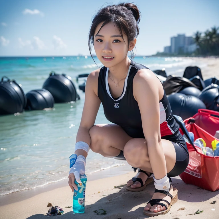 (2 beautiful Korean women volunteers, age 28, (wearing White Tight Lightweight Synthetic Korea Volleyball Jersey, Red Spandex Shorts, Ankle Braces, Knee Pads, white gloves, sandals, barefeet), (Squatting down, Removing Ocean Debris, Plastic bottles, Plastic Bags, Garbage, Dump Pit, Garbage bags), (Beach Clean-up, Ocean Clean-up), Early Dawn On a polluted Beach, Sun-rays, Lens Flare,

Hopeful expressions, kind smile, dimples, cute snaggle-tooth, short hair, bob hair, short ponytail, symmetrical face, detailed facial features, beautiful detailed face, highly detailed face, beautiful detailed eyes, perfect body anatomy, ample bosoms,

photorealistic, hyper-realism, high contrast, ultra HD, realistic skin textures, top image quality, top-quality, super high resolution, fine details, very meticulously, masterpiece, Award-winning, Medium Shot, Cowboy Shot, Full Body Shot, High Angle Shot, bokeh background, SFW, Safe For Work) #WorldOceansDay