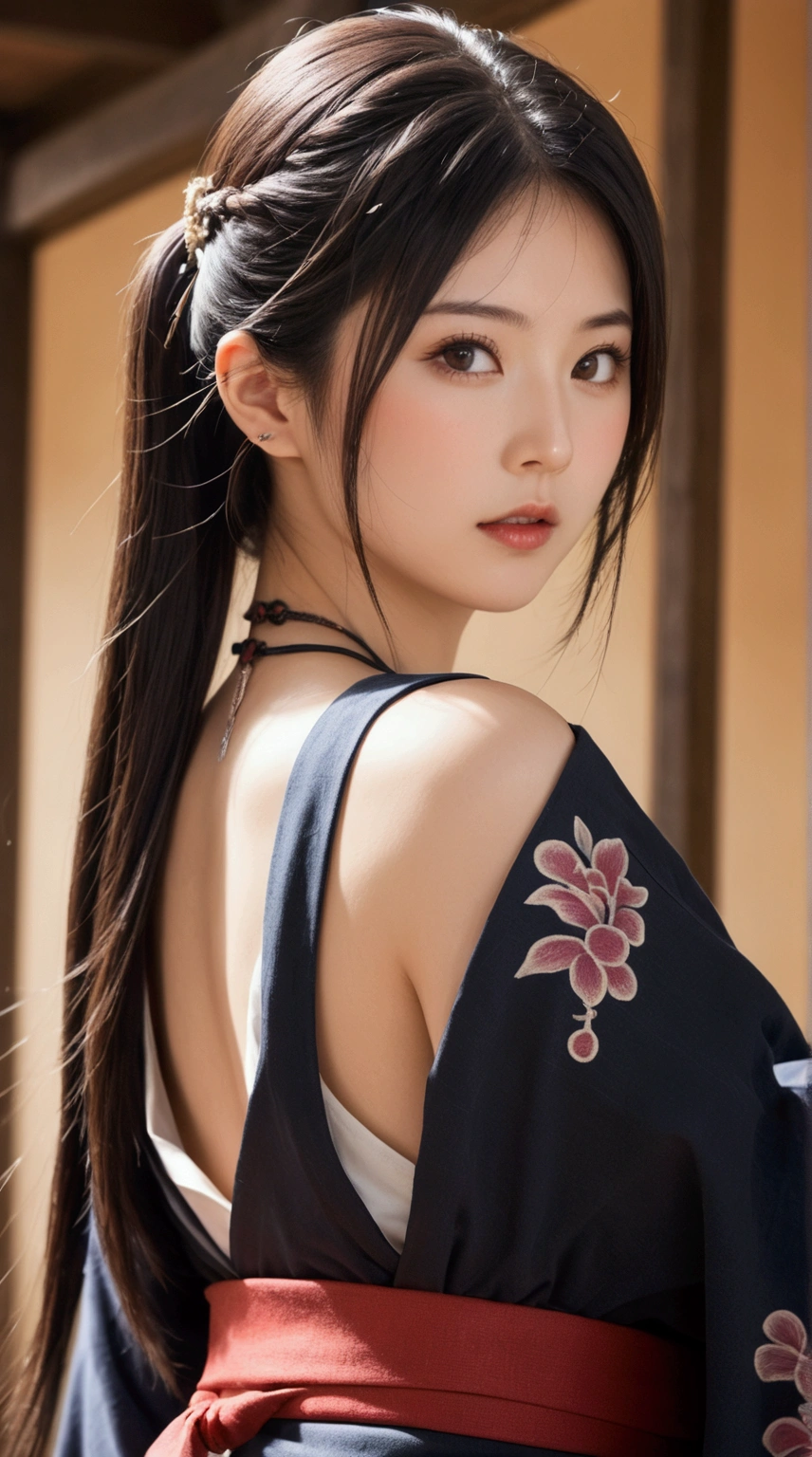 (Japanese sword &reference;Muramasa 2&reference;.2)Beautiful 27 year old woman、Japanese women、Tie your hair back、Hair ornament artist、Shinobi Costume、Warrior、Clear Eyes、{Arm tattoo(SakuraFubuki}'Tattoo on the back、Warrior、(Japanese swordを両手で構える、1.3)(Japanese sword1.2)Intermediate position、whole body、A long-edged sword、Realistic battle scenes、敵Warriorの返りBlood、Blood、High resolution、Highest quality、Very detailed、8k、background、The castle is burning、Sparks fly、