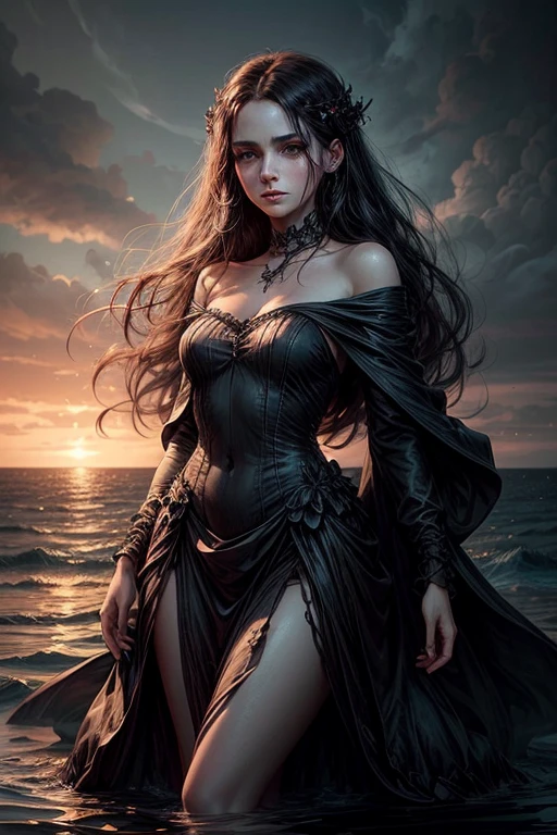 a drawing of a woman in a long dress, which stands in the sea, Stil von Charlie Bowater, in Stil von Charlie Bowater, Art style by Charlie Bowater, An ominous fantasy illustration, Neoartcore und Charlie Bowater, Cloud Goddess, Charlie Bowater Character Art, inspired by Charlie Bowater, Abigail Larson, im Stil der Dark Fantasy Art