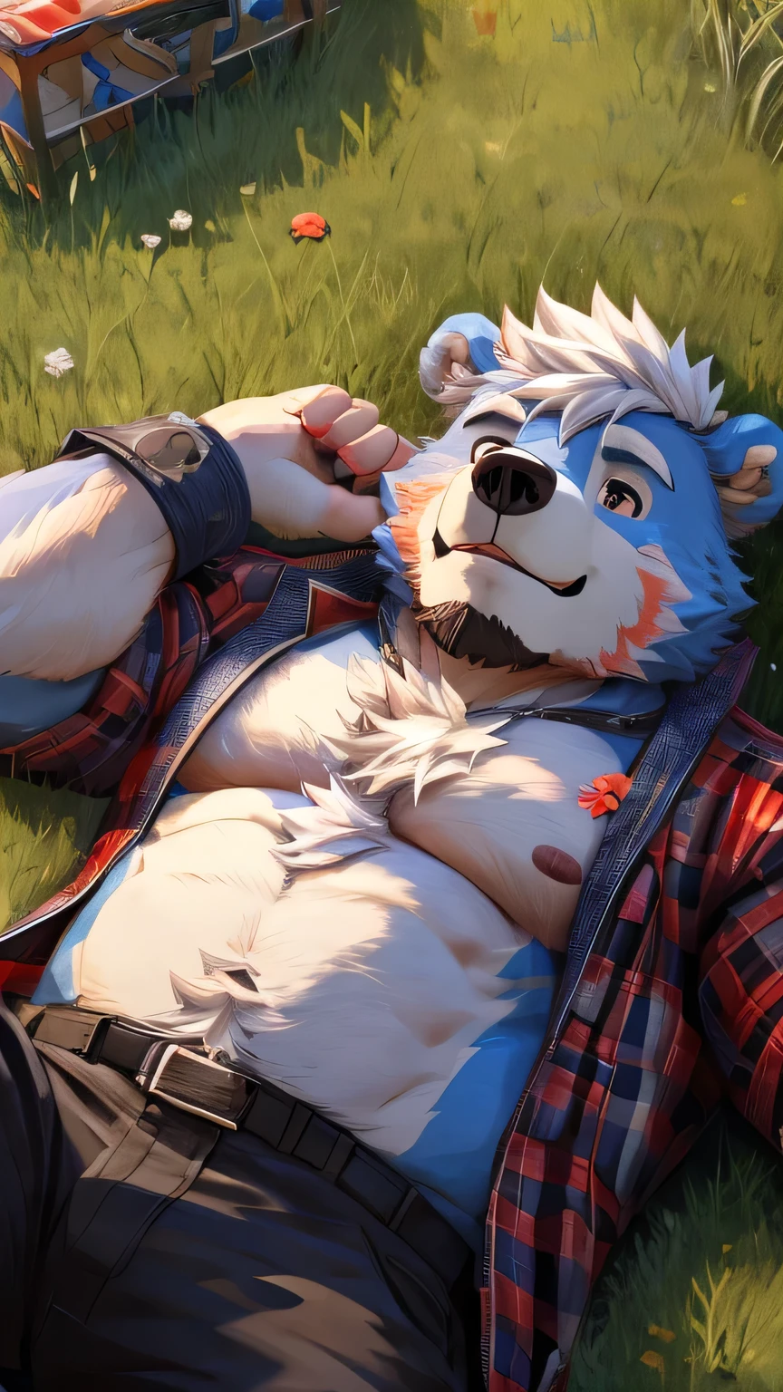 masterpiece, best quality, 8K resolution, Very detailed, hairy, White hair, short hair,On the grass, Light blue fur, Bear, Perfect anatomy, Light Particles,lie on the floor, Checkered Jacket, juvenile