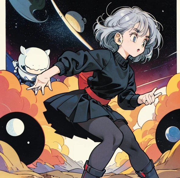 cute girl,gray hair,medium short hair,black sweater,full body,flat fill,analogue,2020,fashion,comic,retro anime,many colorful stars,vast landscape,night,space,shooting star,Cute face、(Planetary orbits)、astronomy、mysterious、no gravity、