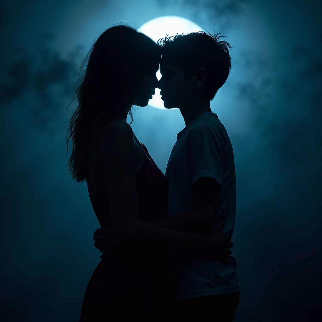(Moonlit Confession, girl and boy:1.2), photography, untitled, in the style of dark black and (Prussian Blue), luminous shadows, flat figuration, high gloss, RAW photo, color graded, captivating chiaroscuro, dynamic movement, full body, (special effects:0.1), award-winning, cinematic still, emotional, dynamic, vivid, (masterpiece, best quality, photorealistic, Professional, perfect composition, very aesthetic, absurdres, ultra-detailed, intricate details:1.3)