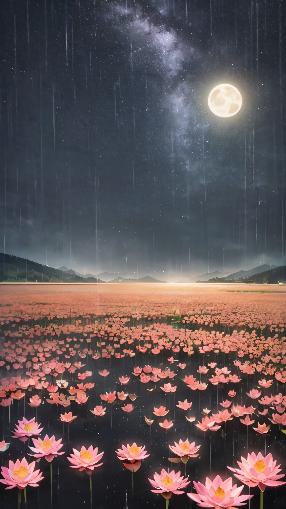At night, only the moonlight illuminates, crooked moon, mountains in the distance, beautiful big lotus flowers nearby, big red lotus flowers, running water next to it, frogs, summer full of joy, crooked moon in the sky mixed with stars, amazing wallpaper, rainy night, night in the rain, beautiful and beautiful, movie, high detail ((heavy rain))), 8k