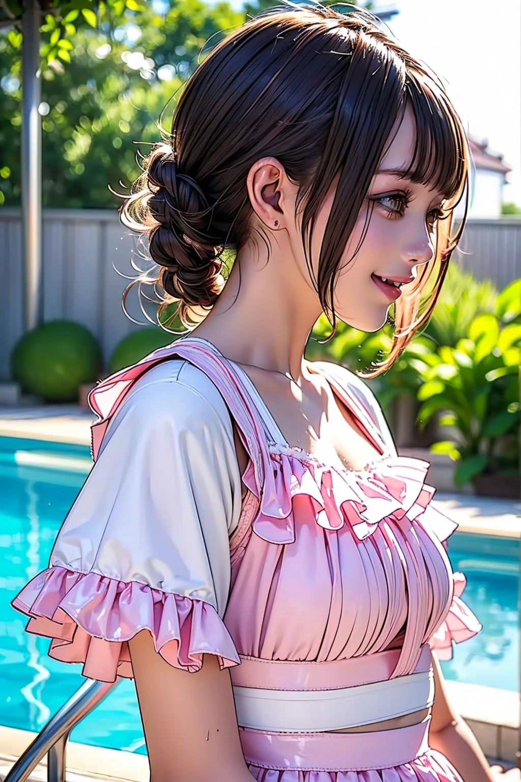 Realistic, masterpiece, Highest quality, Highest Resolution, High Detail, Soft Light, Professional Lighting, Backlight, Film Grain, The background is blurred, Japanese schoolgirl, (The subject was photographed from below, profile:1.3), , Laughing happily, Open your mouth, Beautiful and detailed eye drawing, (Droopy eyes:1.3), Dark Eyes, Thin eyebrows, Draw eyelashes carefully, Eyelash extensions, Gal Makeup, Orange Cheek, (White brown braids,Short Hair, middle part:1.3), (Hidden eyelid wrinkles:1.3), (A cute swimsuit with pink frills made of latex material:1.3), (Poolside under the blazing sun:1.3)