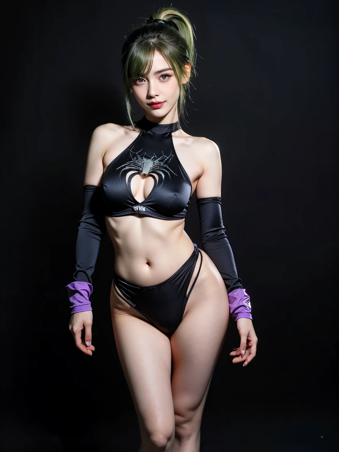8K, Top Quality, Intricate Details, Ultra Detail, Ultra High Resolution, Masterpiece, close up shot, (full body: 1.1), Slender, Smile, (Makeup: 0.4), (Fluffy purple Eyes: 1.21), (()), 1girl, solo, 1 girl, ((green hair, bangs, high ponytail)), close up shot, , ((tall)), (((fit body))), (((slim face))), sharp face, (()) ,(detailed face), sharp face, small lips, ((black spideman suit, spiderman glove)), detailed face, detailed breast, , (medium breast, Narrow Waist, Skinny, tall , 176 cm tall, Muscular, Navel, Exposed Abdomen, Pointed Chest,, Beautiful girl with accentuated slender abs: 1.4, Six Pack Abs: 1.4, Bust Botox, Big, Perfect Body, detail legs, (( dark background)), black background,