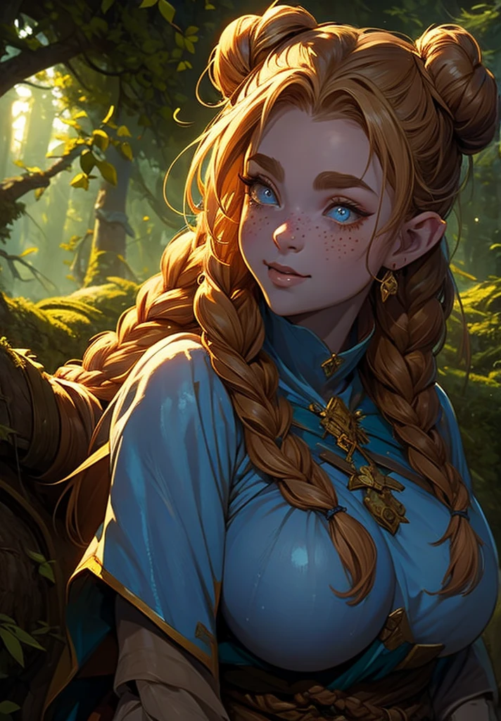 full color, (((nude:1.2))), large breast:1.3, fantasy game world, a young dwarf researcher woman in thick dark forest, blond hair, 2 buns, 2 braids, very pale skin, lots of freckles, checking a flower, large eyes, closeup of face, facing upward, thick:1.4, happy