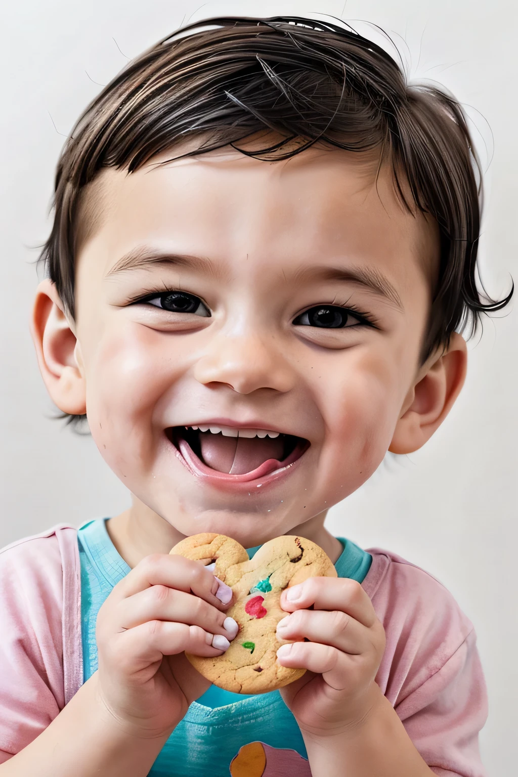 realistic, detailed illustration,toddler, (boy:1.2), two-year-old, ,eating, enjoying, ( cookie:1.2), dish, delicious, savoring, hand, holding,( biting cookie:1.2), open mouth, cute, sweet, treat, tiny fingers, juicy, messy, happy, small hands, mouth open, anticipation, taste, delight, fresh, ripe, smiling, content, savor, moment, sketch, illustration, cartoon, character design, line art, vibrant colors, expressive, whimsical, playful style, soft edges, pastel palette, texture, brushstrokes, dynamic pose, exaggerated features, kawaii, chibi-style, moment, joyful expression, smile, soft warm colors, fine details, simple background, hand-painted style, digital art touch,(illustration:1.5), (Watercolor:1,2),Illustrations for children's picture books, (focus on mouth:1.3), white background, blurry background