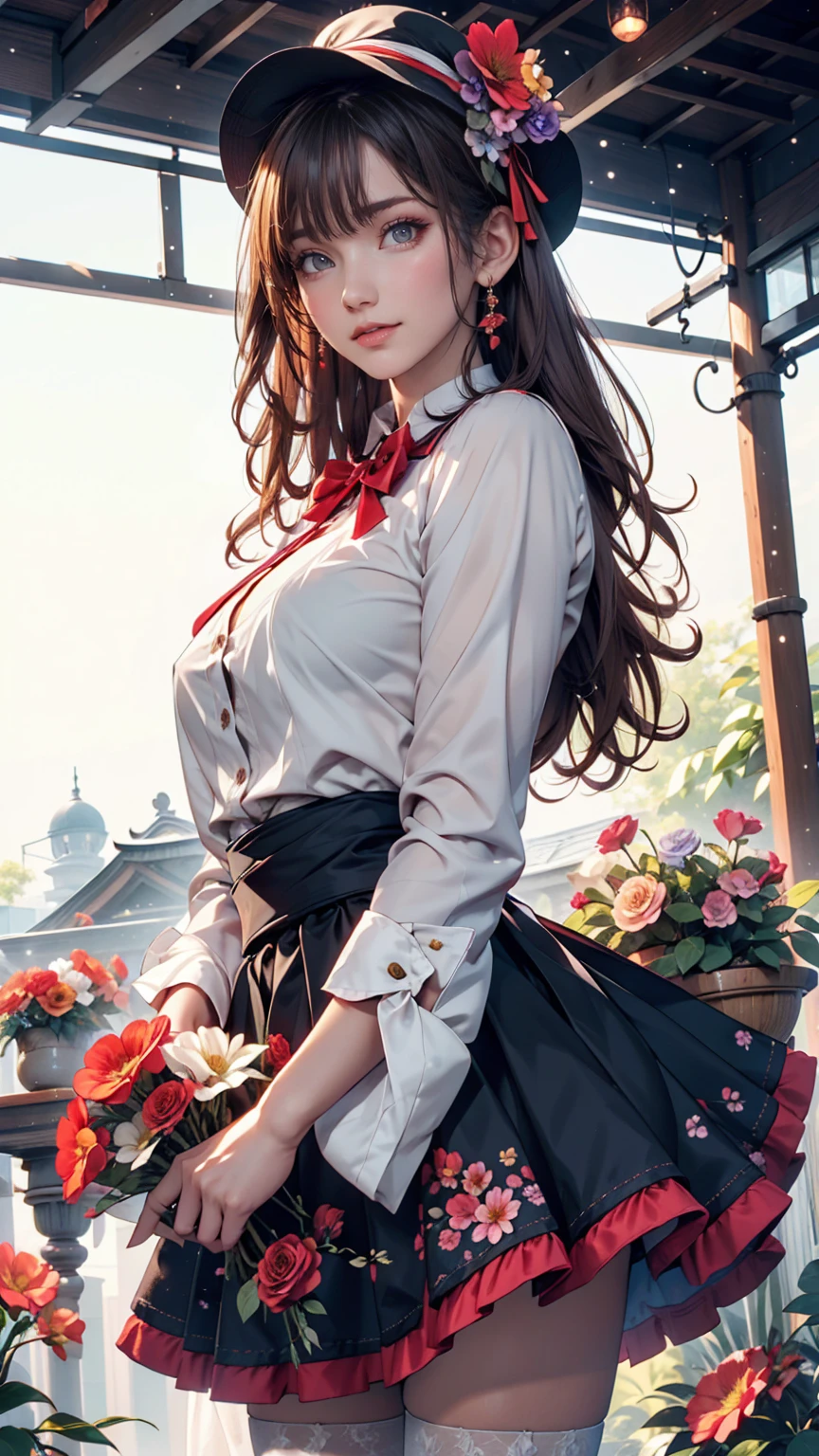 masterpiece, Highest quality, One girl, 一人in, length_hair, Looking_in_Audience, white hair, Red eyes, smile, 前hair, skirt, shirt, length_sleeve, hin, dress, bow, Holding, Closed_mouth, flower, Frills, hair_flower, flowerびら, flower束, Holding_flower, center_Frills, bonnet, Holding_flower束, tachi-e, whole body, White Background,  