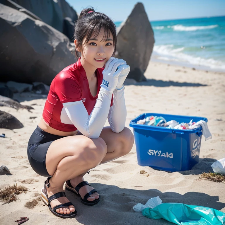 (2 beautiful Korean women volunteers, age 28, (wearing White Tight Lightweight Synthetic Korea Volleyball Jersey, Red Spandex Shorts, Ankle Braces, Knee Pads, white gloves, sandals, barefeet), (Squatting down, Removing Ocean Debris, Plastic bottles, Plastic Bags, Garbage, Dump Pit, Garbage bags), (Beach Clean-up, Ocean Clean-up), Early Dawn On a polluted Beach, Sun-rays, Lens Flare,

Hopeful expressions, kind smile, dimples, cute snaggle-tooth, short hair, bob hair, short ponytail, symmetrical face, detailed facial features, beautiful detailed face, highly detailed face, beautiful detailed eyes, perfect body anatomy, ample bosoms,

photorealistic, hyper-realism, high contrast, ultra HD, realistic skin textures, top image quality, top-quality, super high resolution, fine details, very meticulously, masterpiece, Award-winning, Medium Shot, Cowboy Shot, Full Body Shot, High Angle Shot, bokeh background, SFW, Safe For Work) #WorldOceansDay