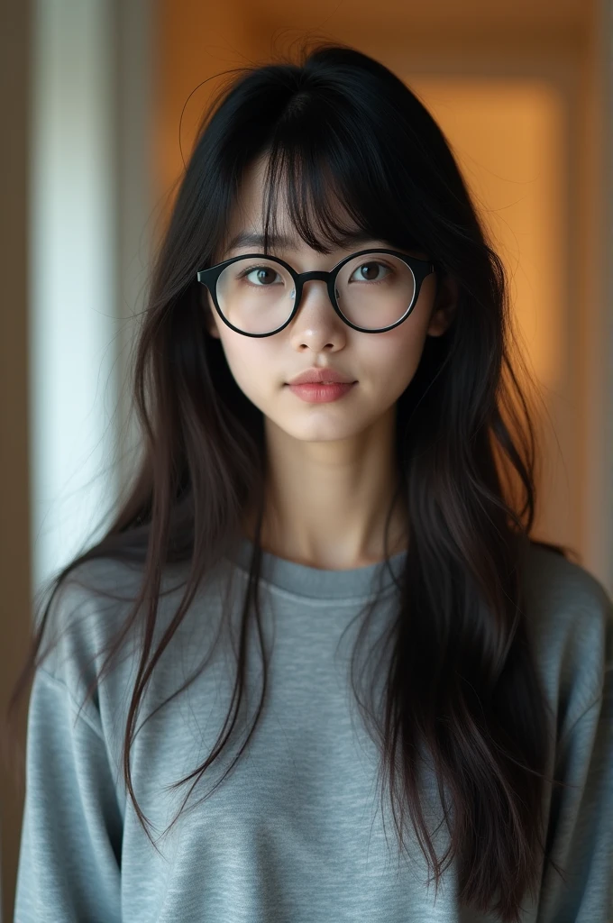 (Highest quality、Tabletop、8k、Best image quality、Award-winning works)、One Japanese woman、(Very long messy bangs:1.1)、(A plain and ordinary face:1.1)、(Big black plain glasses:1.1)、(The long bangs cover the eyes:1.1)、(Very long hair, Messy and disheveled:1.1)、(A simple grey long sleeve sweatshirt:1.2)、(Large Breasts:1.5)、(Cleavage:1.5)、(Accentuate your body lines:1.2)、(No makeup:1.1)、(The simplest blurred apartment hallway background:1.1)、(Strongly blurred background:1.2)、(Face close-up:1.1)、Accurate anatomy、(Bright and glowing skin:1.1)、Front facing body、Expressionless