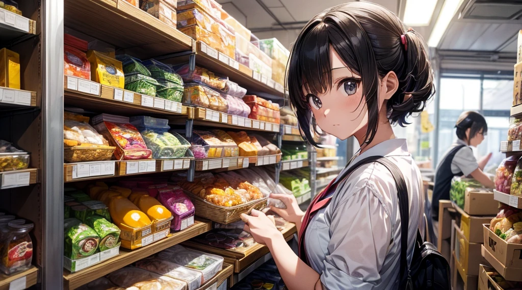 A beautiful girl with short green hair in the style of a Japanese anime、Working hard at a Type B business that supports continued employment、Mr.々な方法を試行錯誤しているMr.子。She is casually but neatly dressed.、His face shows determination and concentration.。She carefully counts and checks the labeled items on the shelves.。The background is the back yard of a restaurant, with food ingredients and daily necessities lined up on the shelves.。The scene is vibrant、Her Dedication、Supportive workplace atmosphere、And it captures her efforts as she tries different ways to solve the problem.。