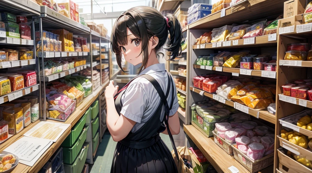 A beautiful girl with short green hair in the style of a Japanese anime、Working hard at a Type B business that supports continued employment、Mr.々な方法を試行錯誤しているMr.子。She is casually but neatly dressed.、His face shows determination and concentration.。She carefully counts and checks the labeled items on the shelves.。The background is the back yard of a restaurant, with food ingredients and daily necessities lined up on the shelves.。The scene is vibrant、Her Dedication、Supportive workplace atmosphere、And it captures her efforts as she tries different ways to solve the problem.。