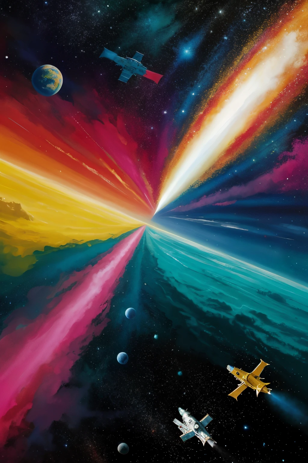 four middle-aged male astronauts with a space background with psychedelic colors and a sea of paint with a galleon ship