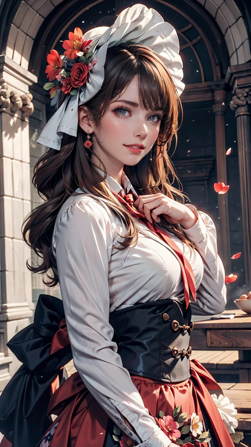 masterpiece, Highest quality, One girl, 一人in, length_hair, Looking_in_Audience, white hair, Red eyes, smile, 前hair, skirt, shirt, length_sleeve, hin, dress, bow, Holding, Closed_mouth, flower, Frills, hair_flower, flowerびら, flower束, Holding_flower, center_Frills, bonnet, Holding_flower束, tachi-e, whole body, White Background,