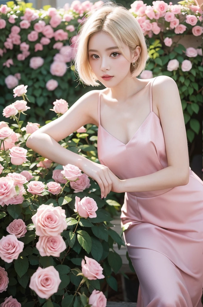 8k, RAW photo, Fujifilm, style photo of a beautiful young woman as avril in a garden of light pink roses (highly detailed skin: 1.2) Style-Petal BREAK short hair, blonde hair with colored locks, wearing a dress, film granulation, 35mm, cute style