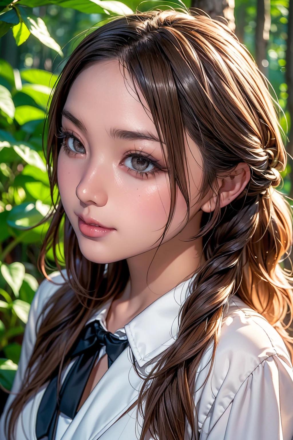 Realistic, masterpiece, Highest quality, Highest Resolution, High Detail, Soft Light, Professional Lighting, Backlight, Film Grain, The background is blurred, Japanese schoolgirl, (The subject was photographed from above at an angle, The model does not look at the camera:1.3), 16 years old, Upper body photo, Looks sleepy, inattention, Grinning, Open your mouth, Beautiful and detailed eye drawing, (Droopy eyes:1.3), Dark Eyes, Thin eyebrows, Draw eyelashes carefully, Eyelash extensions, Gal Makeup, Orange Cheek,  (White brown wavy hair, Long Hair, Hair tied back, middle part:1.3), (Hidden eyelid wrinkles:1.3), (Gothic uniform:1.2), (Summer forest:1.3), (profile, Face close-up:1.2)