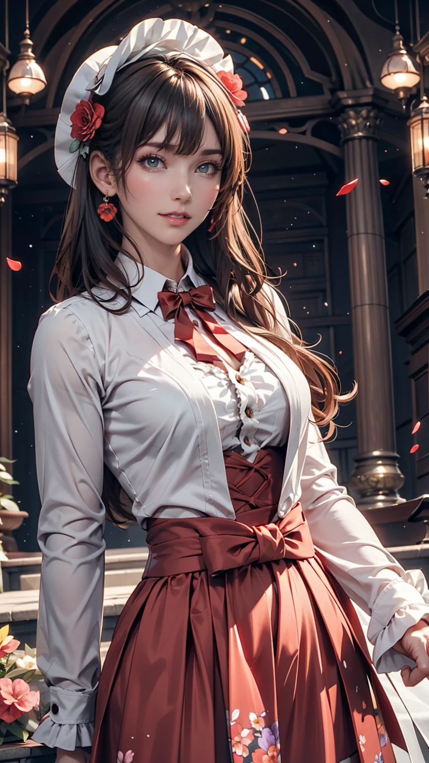 masterpiece, Highest quality, One girl, 一人in, length_hair, Looking_in_Audience, white hair, Red eyes, smile, 前hair, skirt, shirt, length_sleeve, hin, dress, bow, Holding, Closed_mouth, flower, Frills, hair_flower, flowerびら, flower束, Holding_flower, center_Frills, bonnet, Holding_flower束, tachi-e, whole body, White Background,  