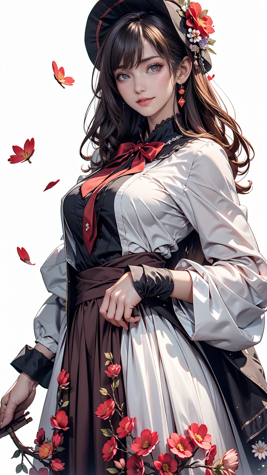 masterpiece, Highest quality, One girl, 一人in, length_hair, Looking_in_Audience, white hair, Red eyes, smile, 前hair, skirt, shirt, length_sleeve, hin, dress, bow, Holding, Closed_mouth, flower, Frills, hair_flower, flowerびら, flower束, Holding_flower, center_Frills, bonnet, Holding_flower束, tachi-e, whole body, White Background,  