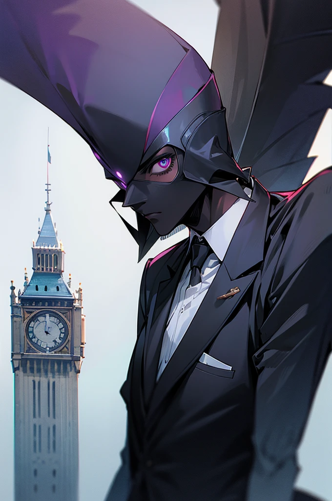 Male, black skin, Purpe eyes, Suit, Tower Background