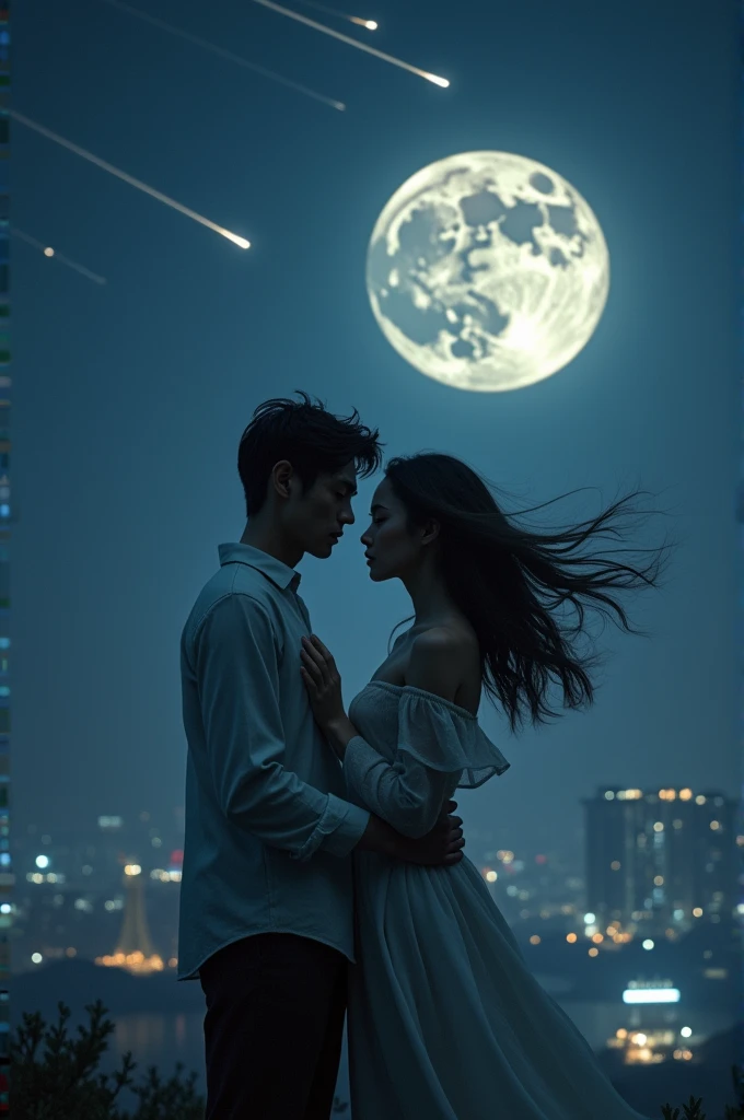 masterpiece, Highest image quality, High resolution, photo realistic, Raw photo, full body photo, (night, giant Moon in the sky :1.4, in ancient japan background, young man and beauty woman, see-through clothes, off-shoulder, man push his hands on her shoulder, whispered words), many giant meteor strike on the ground, flying hair, open eyes