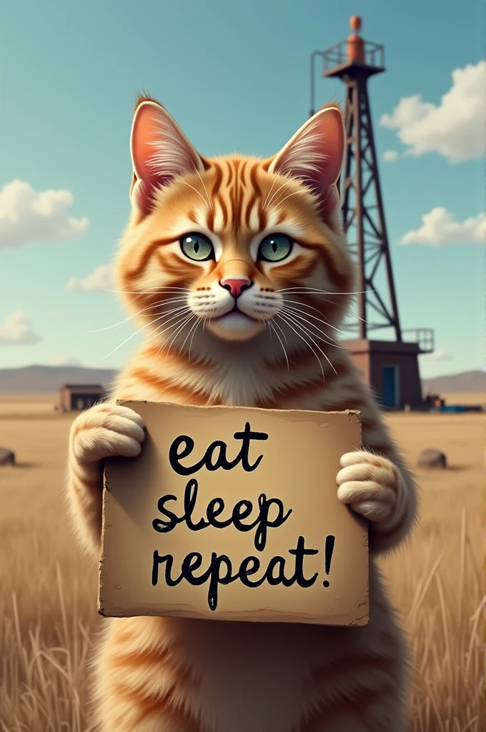 cat holds a sign that says "eat sleep repeat" and pumpjin