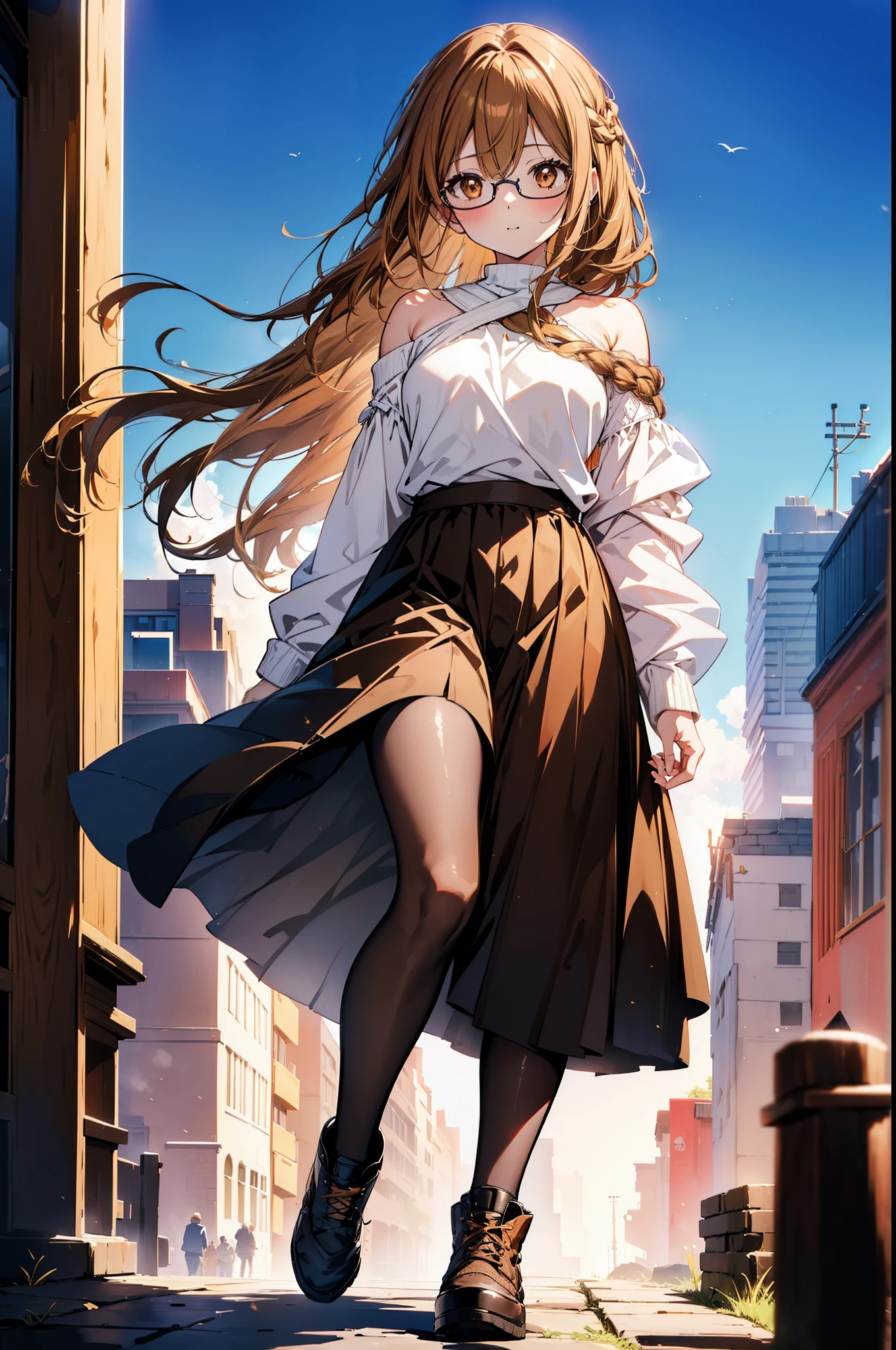 a sun ayuuki, a sun a yuuki, Long Hair, Brown Hair, (Brown eyes:1.8),smile,blush,Long braids,Black-rimmed glasses,Red one-shoulder sweater,Long skirt,Black pantyhose,short boots,Daytime,Clear skies,Walking,whole bodyがイラストに入るように,
break outdoors, Building district,
break looking at viewer, whole body,
break (masterpiece:1.2), Highest quality, High resolution, unity 8k wallpaper, (figure:0.8), (Beautiful attention to detail:1.6), Highly detailed face, Perfect lighting, Highly detailed CG, (Perfect hands, Perfect Anatomy),