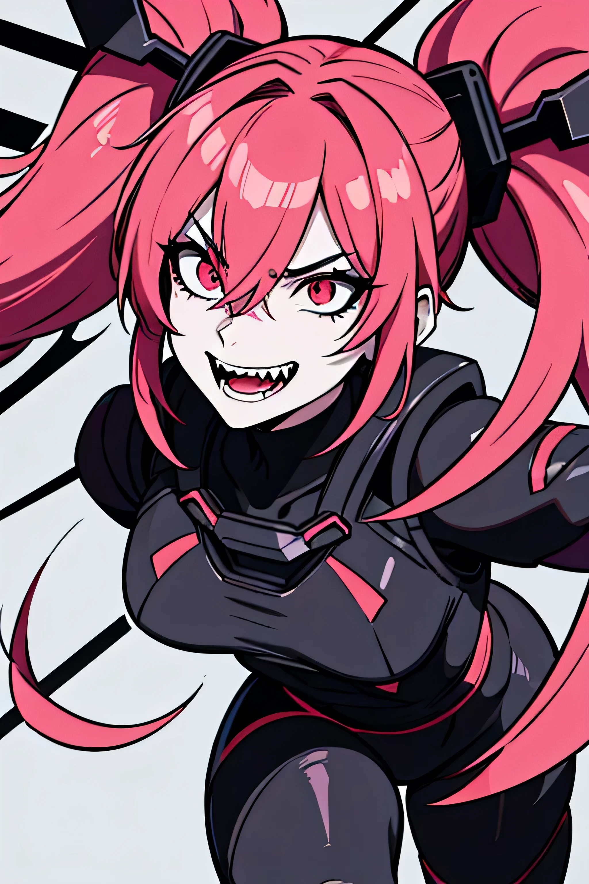 Anime-style illustration featuring a woman with long, vibrant pink hair styled in twin tails. The character has pale skin and large, black eyes with red pupils, giving a striking and somewhat eerie appearance. The character's mouth is open, revealing sharp, fang-like teeth, and there is a small amount of red coloring near the mouth. The background is dark, scary look, the character seems to be totally insane, The overall style is bold and dramatic, with strong lines and high contrast between light and dark areas. wearing an all-black military technological suit. The character is laughing madly, contorting while floating in the air, suspended meters from the ground.