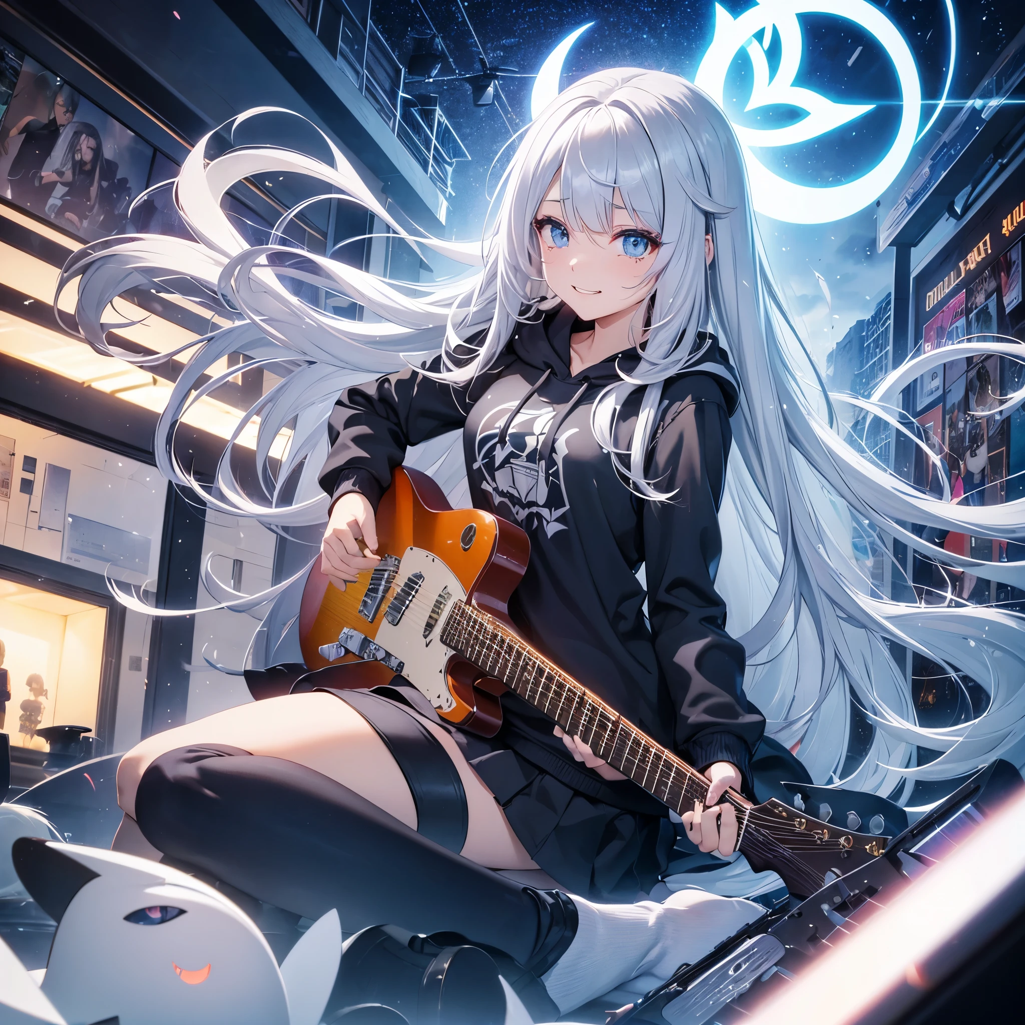 Telecaster,HoodieSchoolgirlLong Hair, Highlight color hairstyle, Asymmetrical bangs, tears, happiness/joy, Feet out of frame, Poster Fujifilm, Lens flare, Illustration, Gray Hair, blue eyes, Angel Halo, High resolution, Chest girth, evil, Devil&#39;s Eye, Lots of white space, Multi Monochrome, Earrings, Alphonse Mucha, Art Nouveau, 
