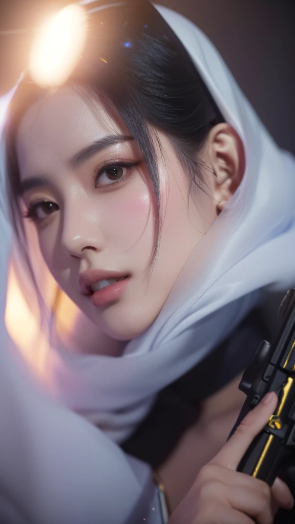 Arabian woman holding a gun and looking at the camera, Gorgeous Chinese Model, Makoto Shinkai ( Apex Legends ), Dilraba Dilmurat, Artjam and Athi Gairan, by Nie Tian, 8K Portrait Rendering, 8K Art Germany Bokeh, Lostrun 8k, Soft Portrait Shot 8k, By Russell Dongjun Lu
