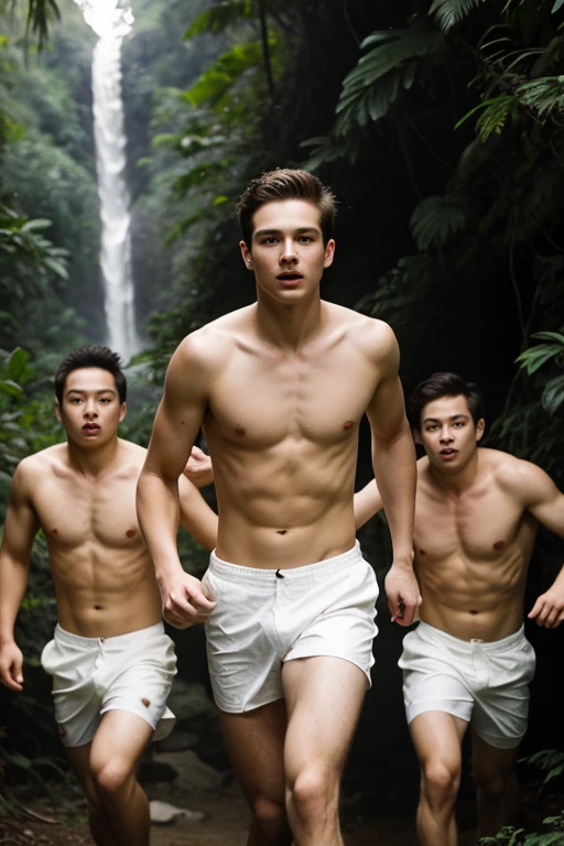 young cute handsome pretty beautiful face white soft skin skinny short hair shirtless in a jungle with three big men chasing him behind him