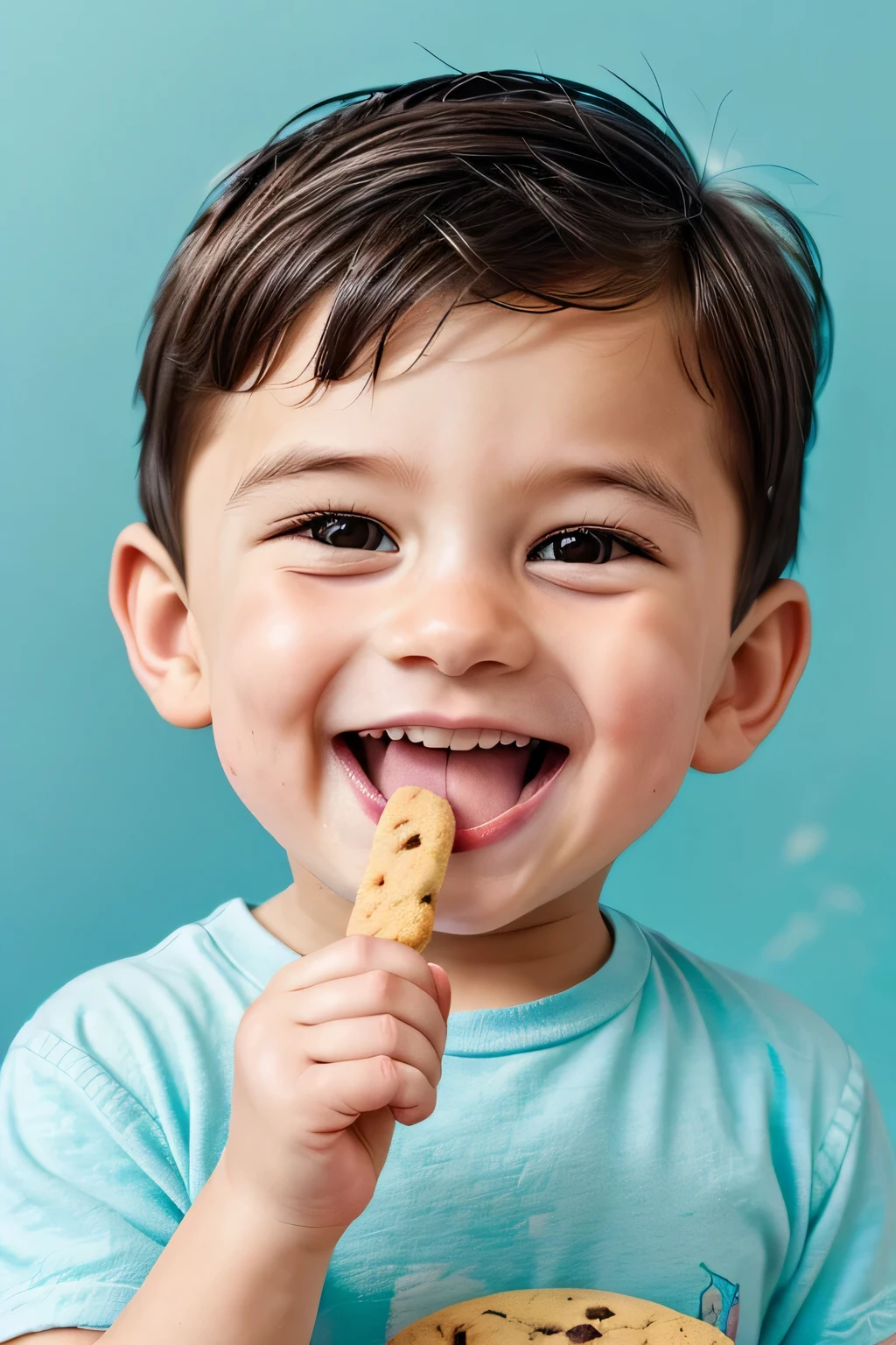 realistic, detailed illustration,toddler, (boy:1.2), two-year-old, ,eating, enjoying, ( cookie:1.2), dish, delicious, savoring, hand, holding,( holding cookie by hands :1.2), open mouth, cute, sweet, treat, tiny fingers, juicy, messy, happy, small hands, mouth open, anticipation, taste, delight, fresh, ripe, smiling, content, savor, moment, sketch, illustration, cartoon, character design, line art, vibrant colors, expressive, whimsical, playful style, soft edges, pastel palette, texture, brushstrokes, dynamic pose, exaggerated features, kawaii, chibi-style, moment, joyful expression, smile, soft warm colors, fine details, simple background, hand-painted style, digital art touch,(illustration:1.5), (Watercolor:1,2),Illustrations for children's picture books, (focus on mouth:1.3), white background, blurry background