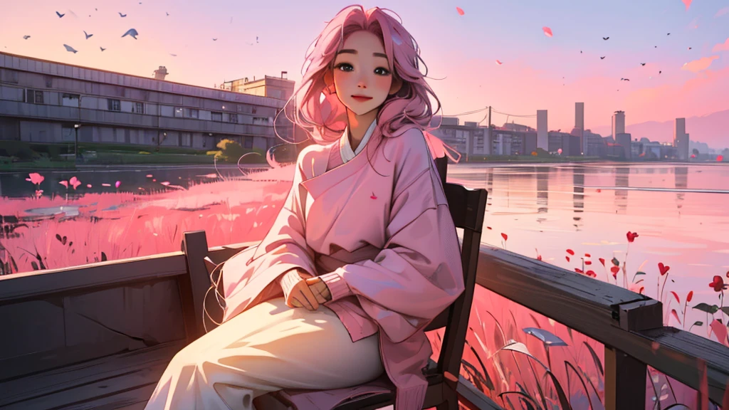 ((masterpiece)),(((bestquality))),((ultra-detailed)) realisticlying, 1 girl, korean woman, with long light pink hair, Beautiful, sit on the chair, wearing a sweater pink, Beautiful sunrice, solo,  The sky turns red at morning, Face smile, looking to viewer, white rose, outdoor.