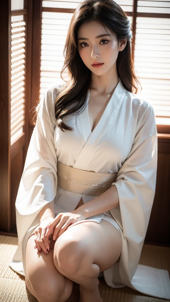 Young milf wearing a white kimono, black underwear, Beautifully detailed eyes,Beautifully detailed lips,Very detailed eyes and face,Long eyelashes,mature woman,Sensual poses,Full body shot,charming,High quality,realistic,incredible light,cinema,bright colors,chiaroscuro,Mood swings,Dark and light contrast,Stunning shadow