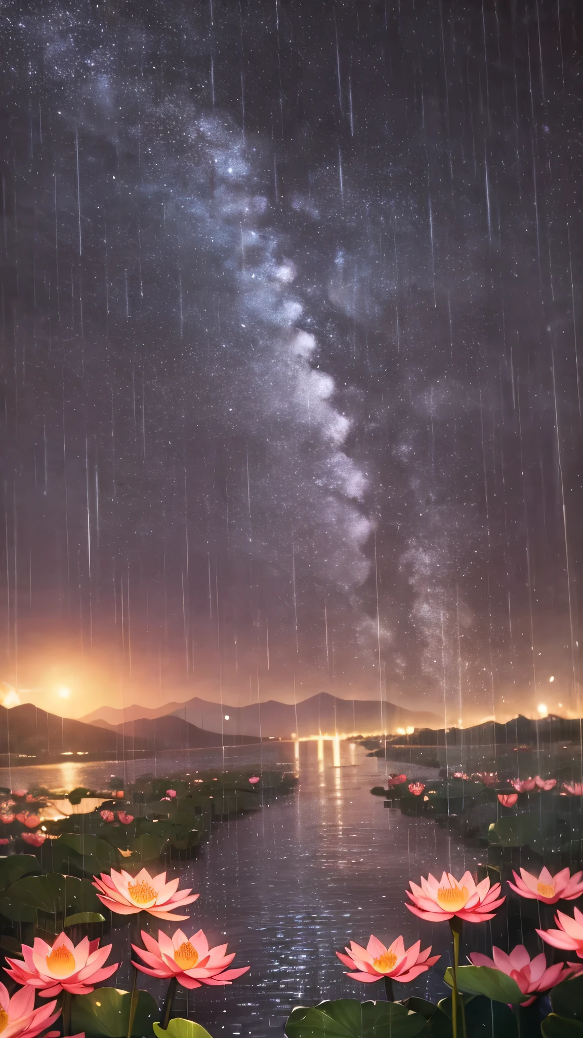 At night, only the moonlight illuminates, crooked moon, mountains in the distance, beautiful big lotus flowers nearby, big red lotus flowers, running water next to it, frogs, summer full of joy, crooked moon in the sky mixed with stars, amazing wallpaper, rainy night, night in the rain, beautiful and beautiful, movie, high detail ((heavy rain))), 8k
