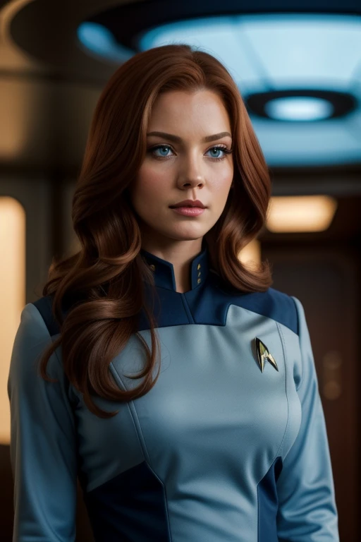 1girl, solo, tall female, 27 years old, beautiful, Star Trek uniform, on USS enterprise, Thoughtful facial expression, Dark Blue eyes, Upturned Eye Shape, Rachel Cooke face, Lika Red, sexy look, medium auburn hair parted to one side,, caramel brown and blonde balayage hairstyle, light blue eyes, Dusty Rose lipstick, blush, medium natural breasts, large ample cleavage, Star Trek uniform, A lively, twinkling lights bokeh beautiful, detailed, best quality, high resolution, masterpiece, 8k