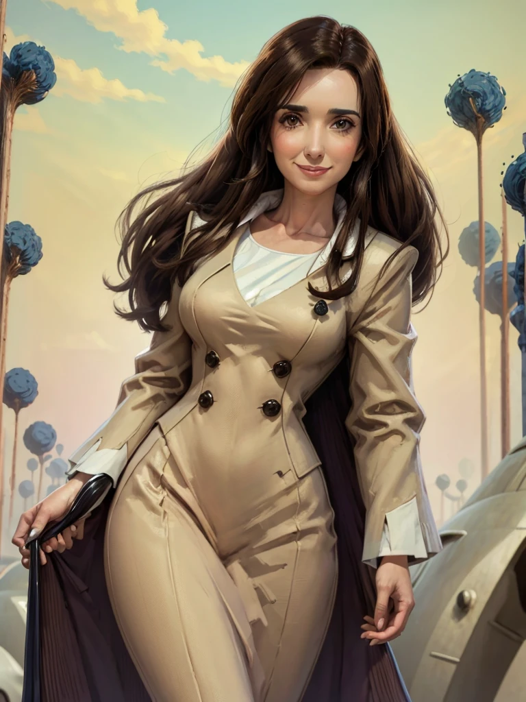 8k, Best Quality, Victoria Villarruel dressed in a suit as a lawyer, long dark brown hair, slim with wide hips, smiling warm expression. outdoor, clearing, plain, namek trees background.