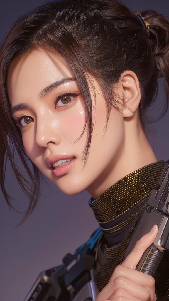 Arabian woman holding a gun and looking at the camera, Gorgeous Chinese Model, Makoto Shinkai ( Apex Legends ), Dilraba Dilmurat, Artjam and Athi Gairan, by Nie Tian, 8K Portrait Rendering, 8K Art Germany Bokeh, Lostrun 8k, Soft Portrait Shot 8k, By Russell Dongjun Lu