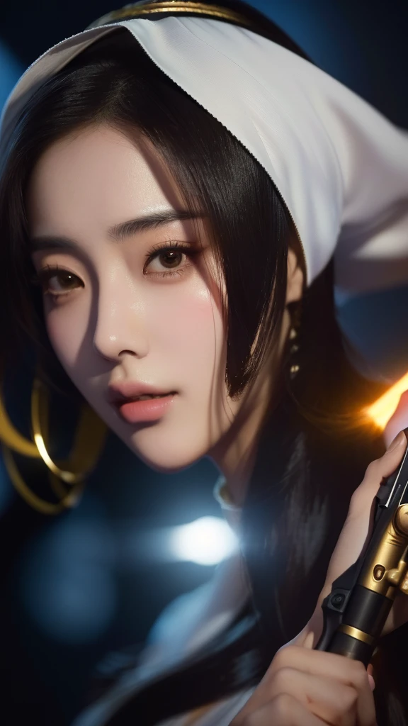 Arabian woman holding a gun and looking at the camera, Gorgeous Chinese Model, Makoto Shinkai ( Apex Legends ), Dilraba Dilmurat, Artjam and Athi Gairan, by Nie Tian, 8K Portrait Rendering, 8K Art Germany Bokeh, Lostrun 8k, Soft Portrait Shot 8k, By Russell Dongjun Lu